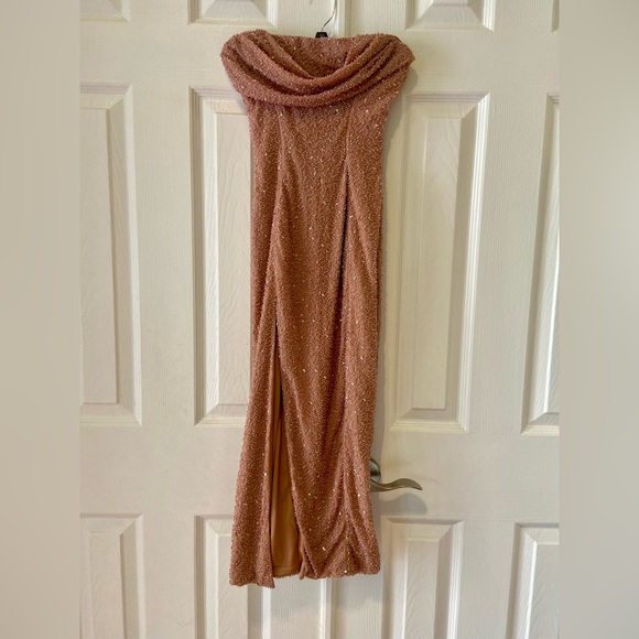 Oh Polly Verbier Embellished Bandeau Cowl Neck Midi Dress in Nude - Picture 8 of 12
